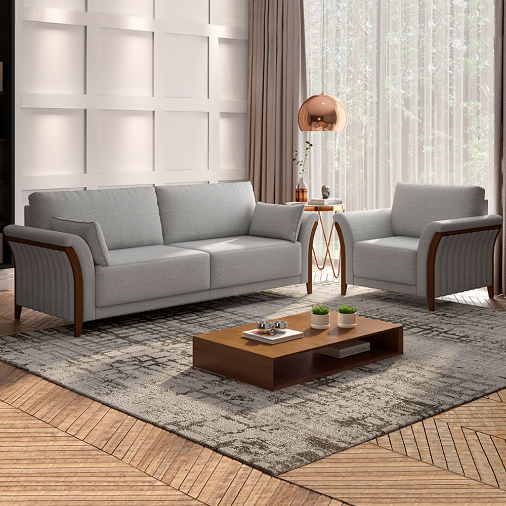 Kit 2 Poltronas Decorativas Pés em Madeira Market Linho Cinza G45 - Gran Belo