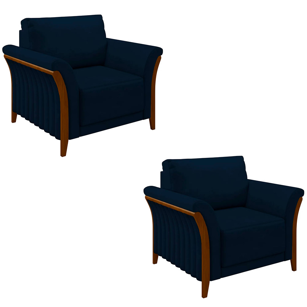 Kit 2 Poltronas Decorativas Pés em Madeira Market Veludo Azul Marinho G45 - Gran Belo