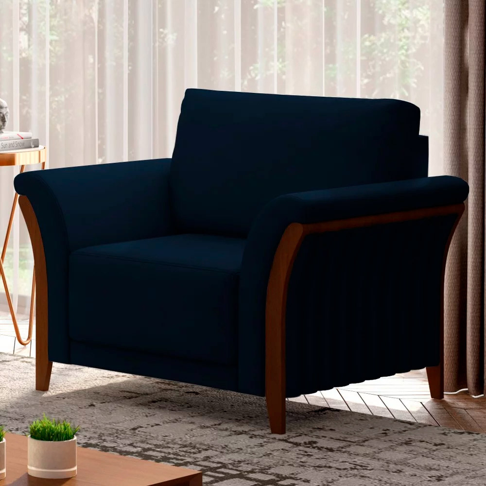Kit 2 Poltronas Decorativas Pés em Madeira Market Veludo Azul Marinho G45 - Gran Belo