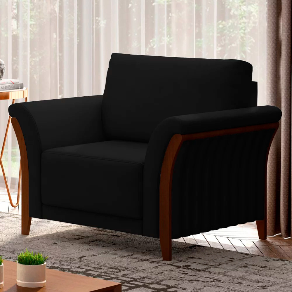 Kit 2 Poltronas Decorativas Pés em Madeira Market Veludo Preto G45 - Gran Belo