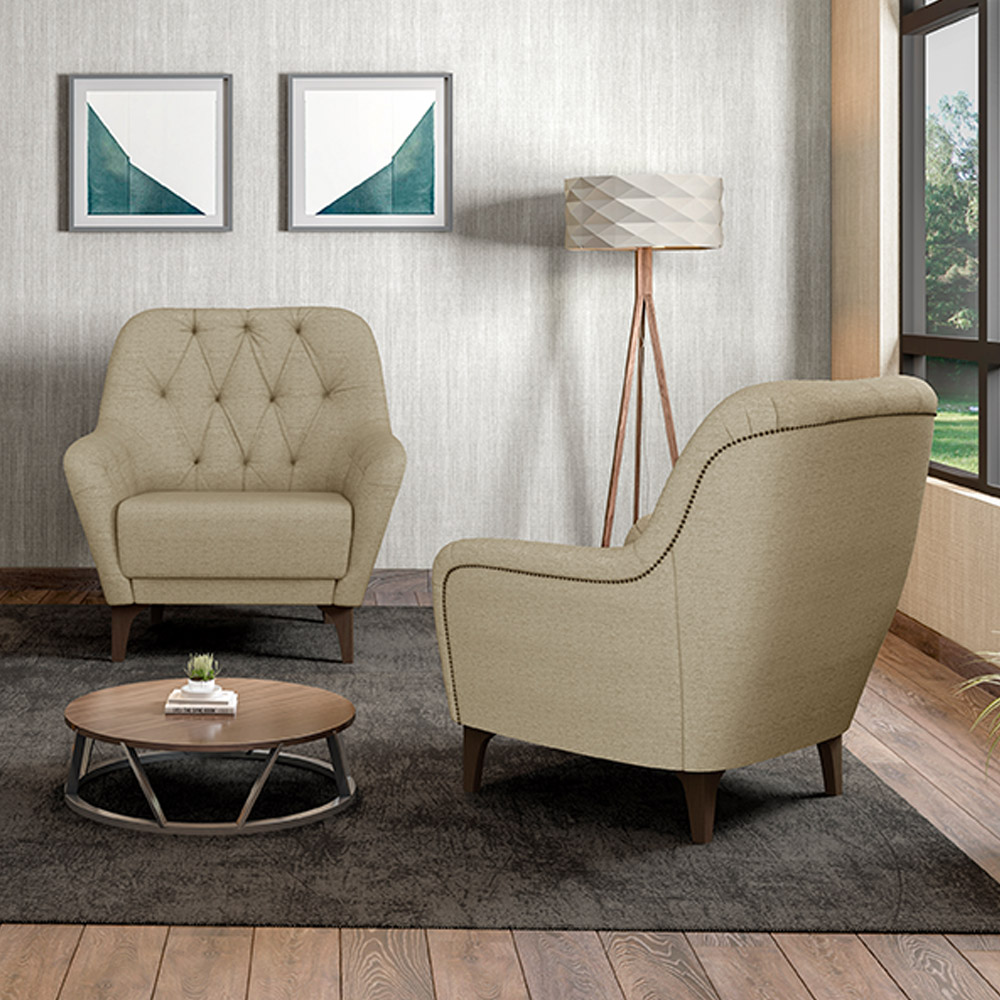 Kit 2 Poltronas Decorativas Pés em Madeira Petra Linho Bege G45 - Gran Belo