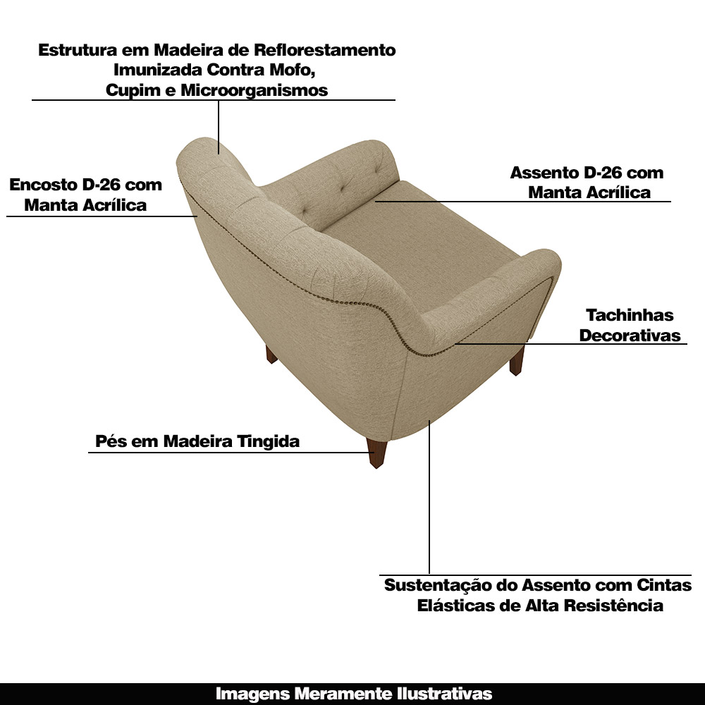 Kit 2 Poltronas Decorativas Pés em Madeira Petra Linho Bege G45 - Gran Belo