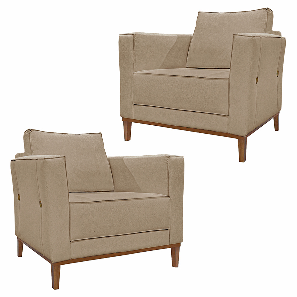 Kit 2 Poltronas Decorativas Pés em Madeira Tarantino Linho Bege G63 - Gran Belo