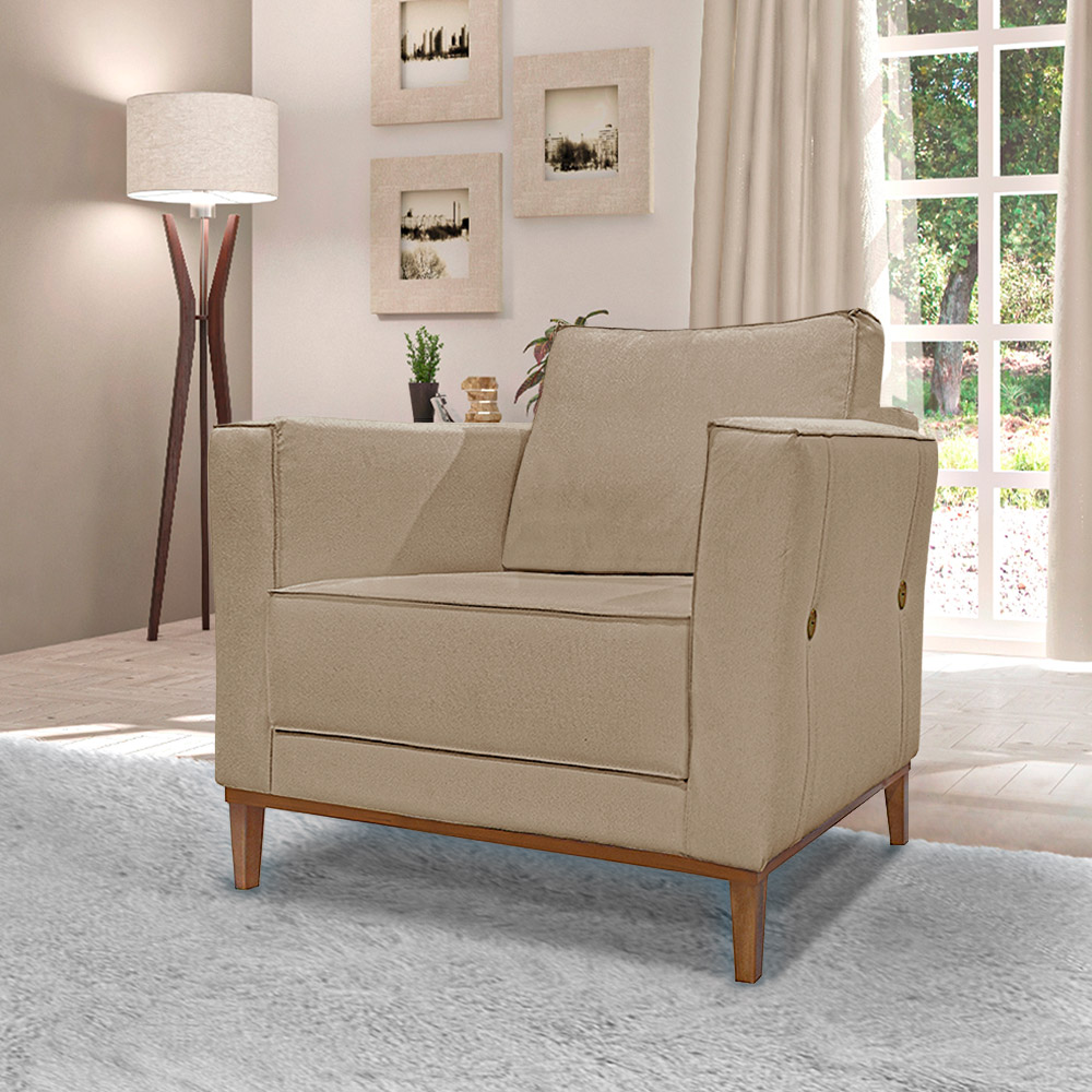 Kit 2 Poltronas Decorativas Pés em Madeira Tarantino Linho Bege G63 - Gran Belo