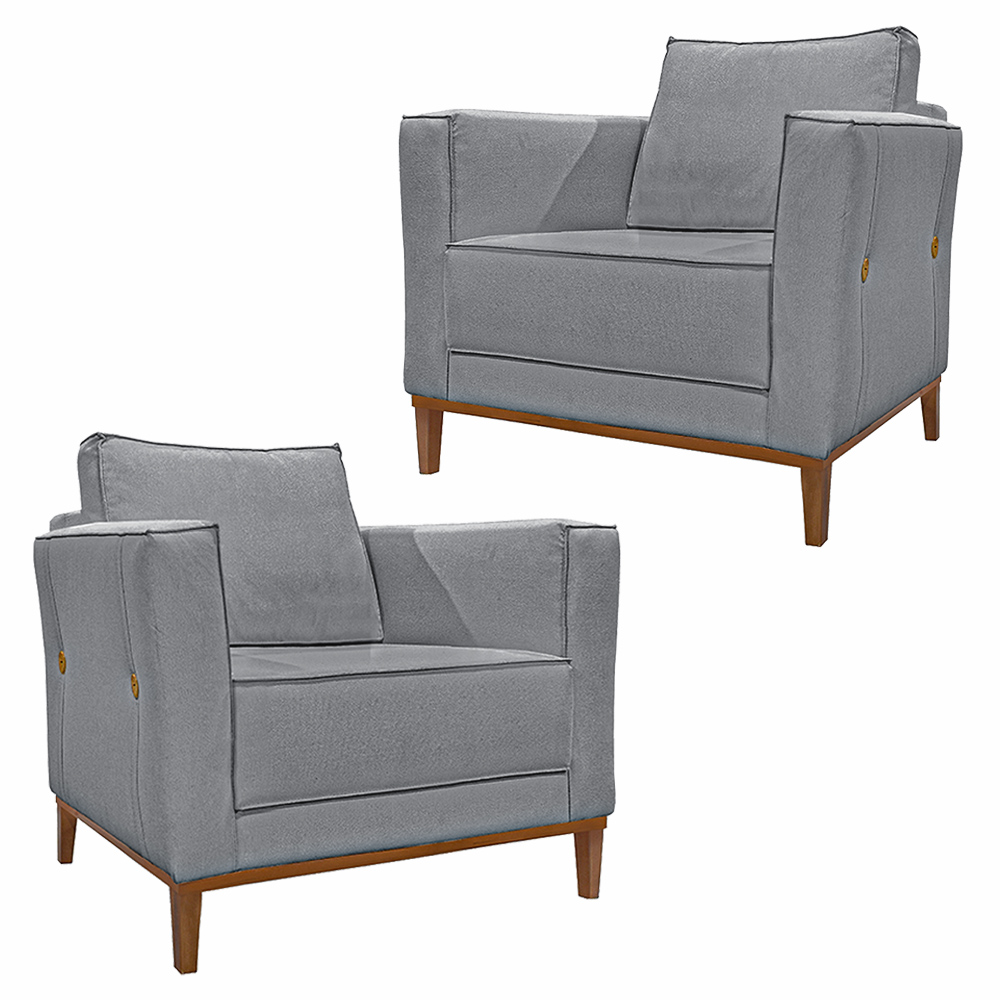 Kit 2 Poltronas Decorativas Pés em Madeira Tarantino Linho Cinza G63 - Gran Belo