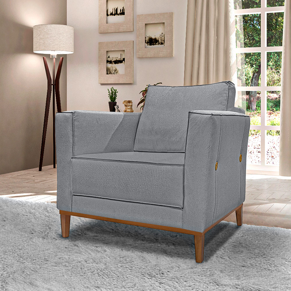 Kit 2 Poltronas Decorativas Pés em Madeira Tarantino Linho Cinza G63 - Gran Belo