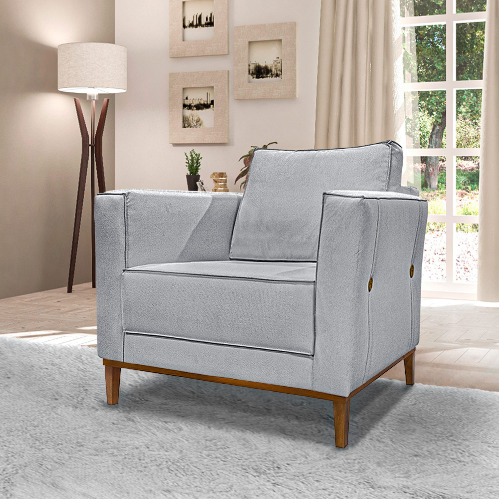 Kit 2 Poltronas Decorativas Pés em Madeira Tarantino Linho Cinza Rustico G63 - Gran Belo