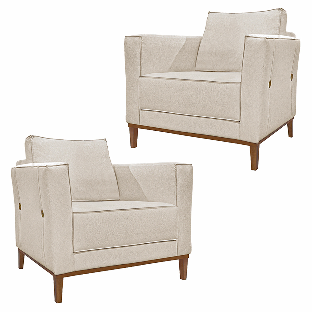 Kit 2 Poltronas Decorativas Pés em Madeira Tarantino Linho Off White Rústico G63 - Gran Belo