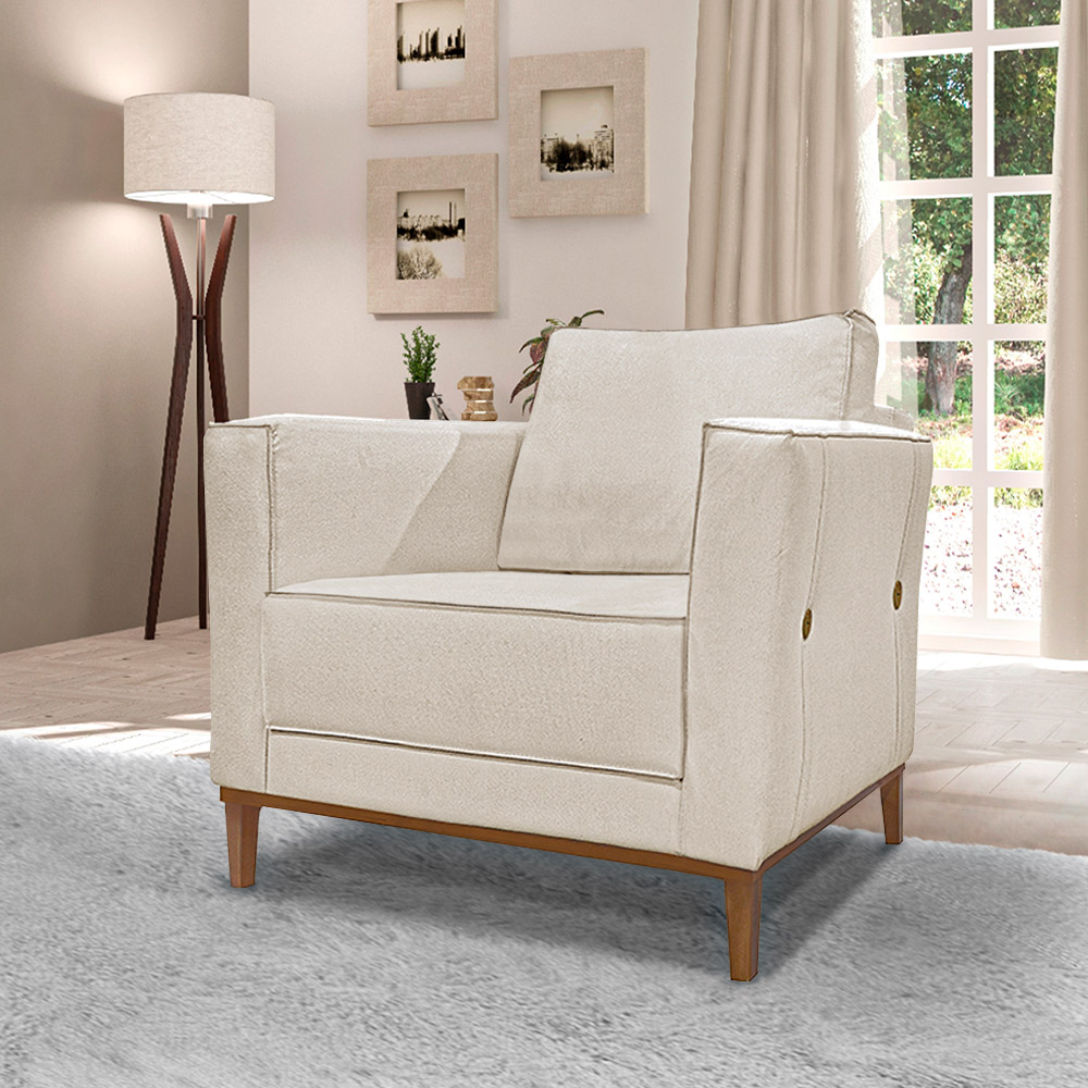 Kit 2 Poltronas Decorativas Pés em Madeira Tarantino Linho Off White Rústico G63 - Gran Belo