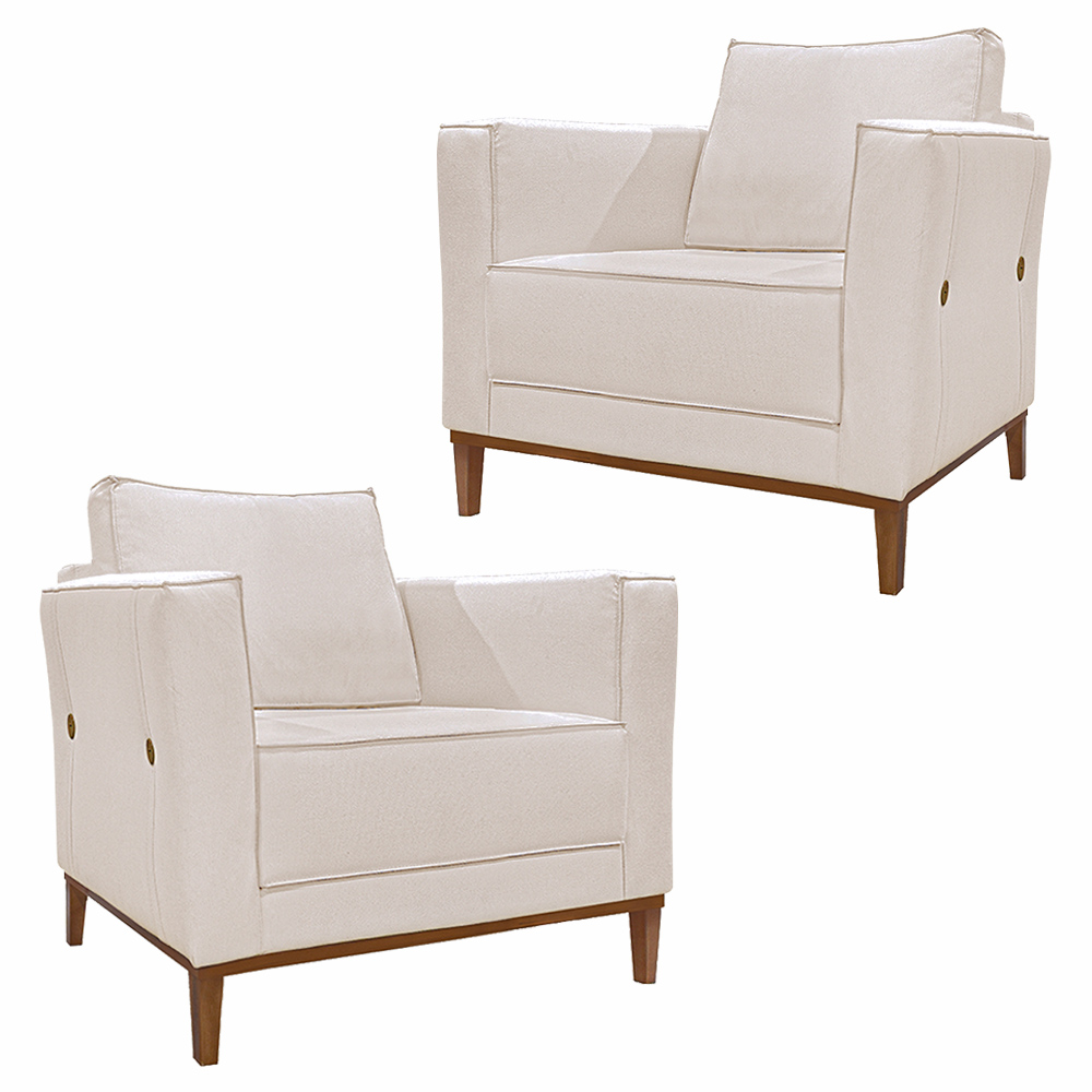 Kit 2 Poltronas Decorativas Pés em Madeira Tarantino Linho Pérola G63 - Gran Belo