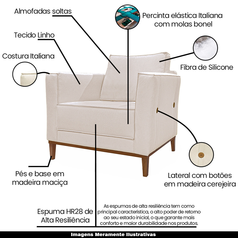 Kit 2 Poltronas Decorativas Pés em Madeira Tarantino Linho Pérola G63 - Gran Belo