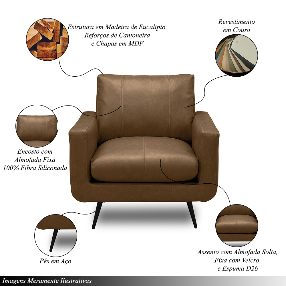 Kit 2 Poltronas Decorativas Paloma Sala de Estar Pés em Aço Couro Marrom Claro Manchado G88 - Gran Belo