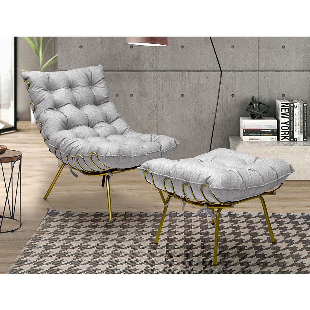 Kit 2 Poltronas Decorativas Sala de Estar Abel Base de Ferro Dourada Linho Cinza G41 - Gran Belo