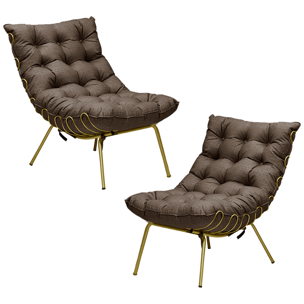 Kit 2 Poltronas Decorativas Sala de Estar Abel Base de Ferro Dourada Linho Marrom G41 - Gran Belo