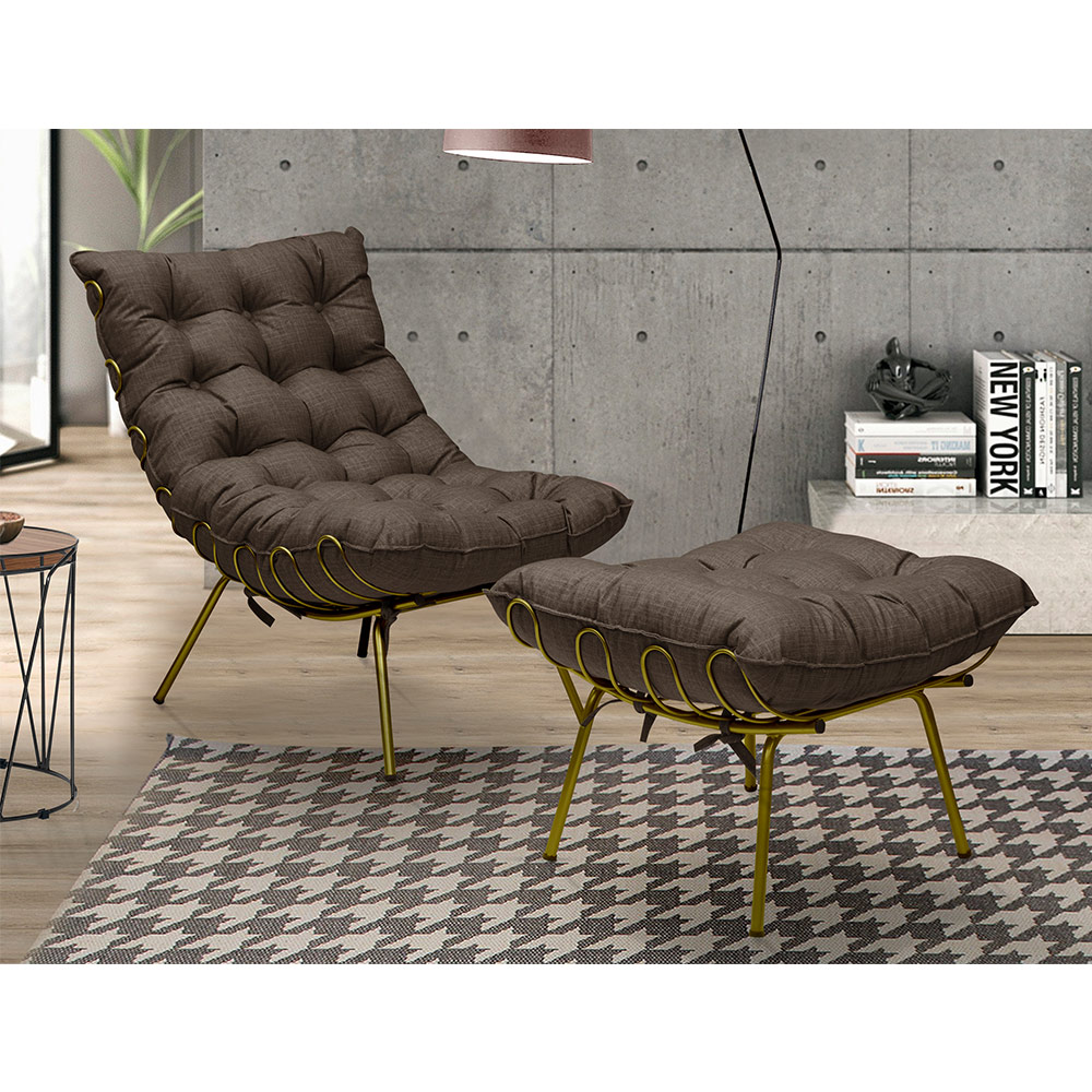 Kit 2 Poltronas Decorativas Sala de Estar Abel Base de Ferro Dourada Linho Marrom G41 - Gran Belo