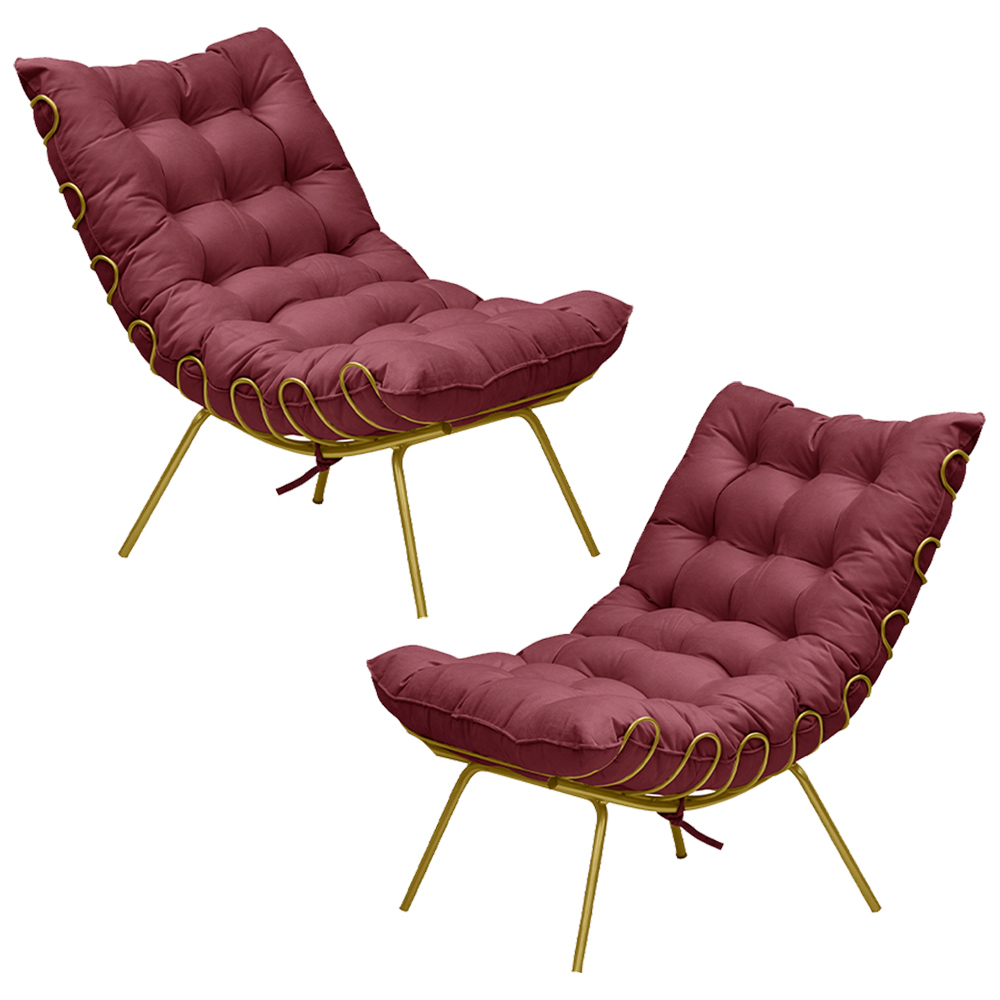 Kit 2 Poltronas Decorativas Sala de Estar Abel Base de Ferro Dourada Suede Bordô G41 - Gran Belo