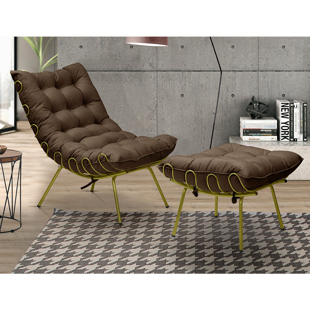 Kit 2 Poltronas Decorativas Sala de Estar Abel Base de Ferro Dourada Suede Chocolate G41 - Gran Belo