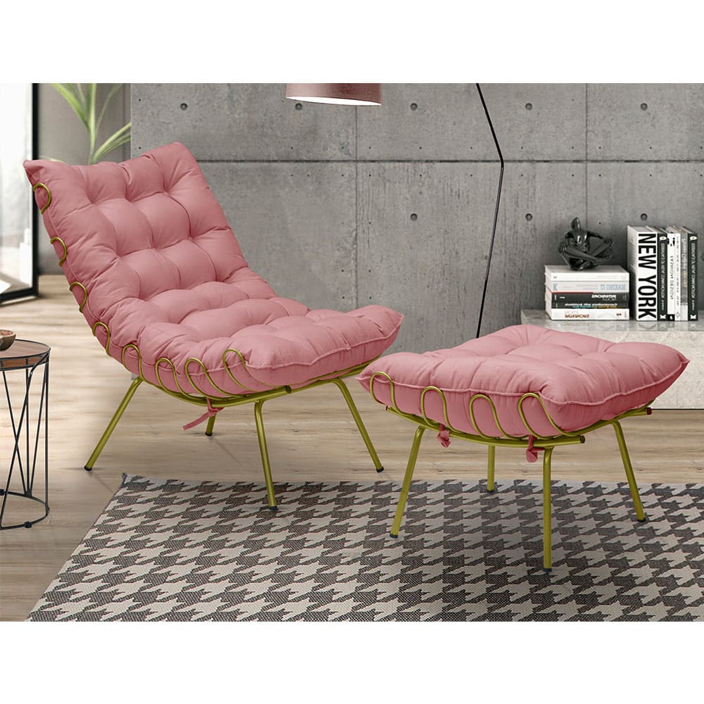 Kit 2 Poltronas Decorativas Sala de Estar Abel Base de Ferro Dourada Suede Rosa G41 - Gran Belo