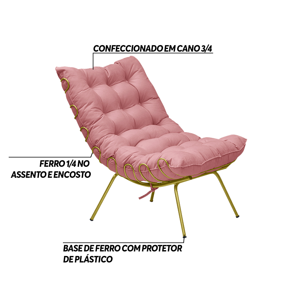 Kit 2 Poltronas Decorativas Sala de Estar Abel Base de Ferro Dourada Suede Rosa G41 - Gran Belo