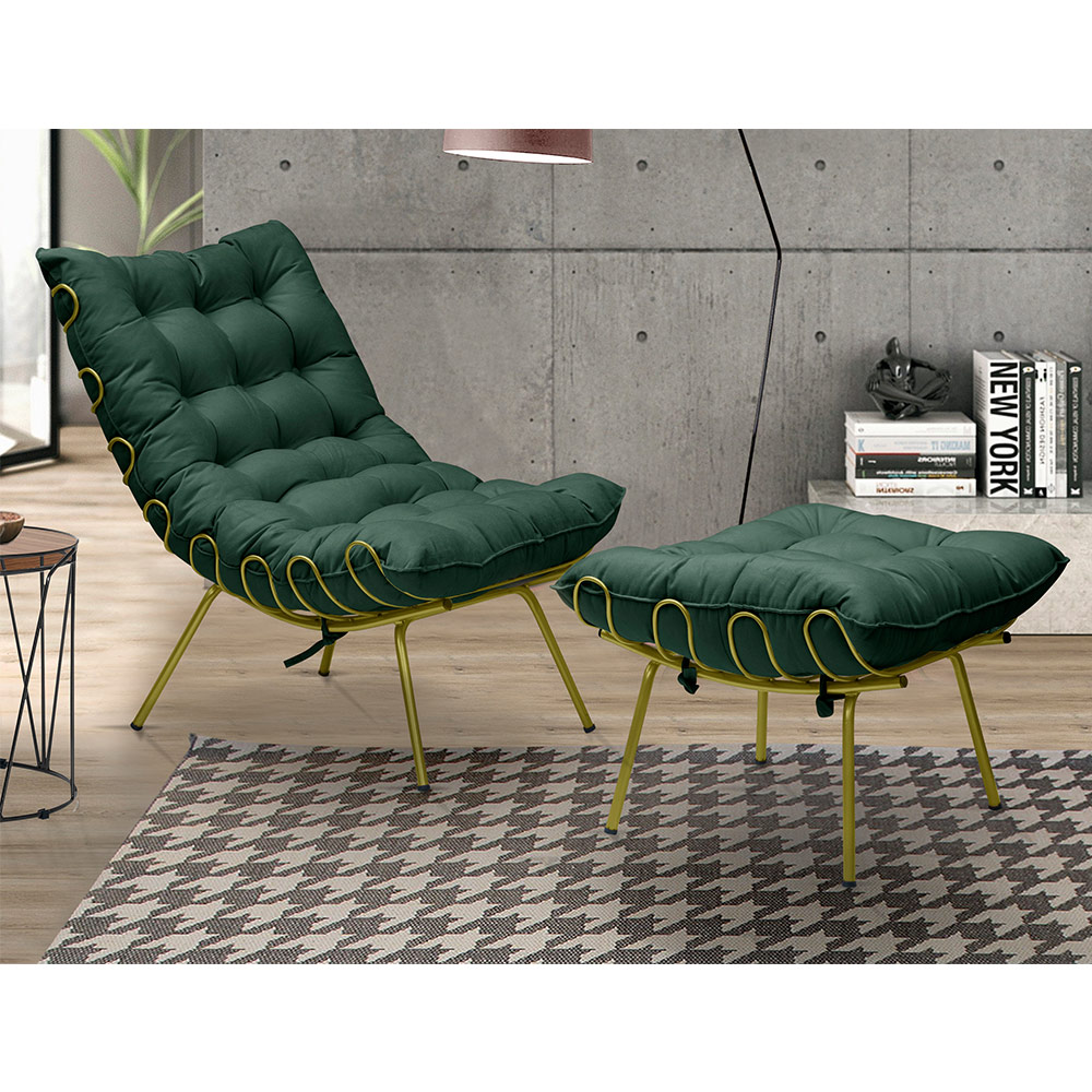 Kit 2 Poltronas Decorativas Sala de Estar Abel Base de Ferro Dourada Suede Verde G41 - Gran Belo