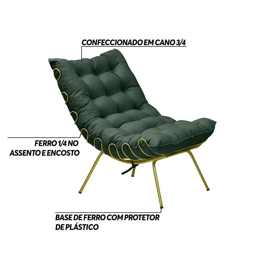 Kit 2 Poltronas Decorativas Sala de Estar Abel Base de Ferro Dourada Suede Verde G41 - Gran Belo