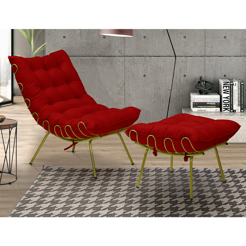 Kit 2 Poltronas Decorativas Sala de Estar Abel Base de Ferro Dourada Suede Vermelho G41 - Gran Belo
