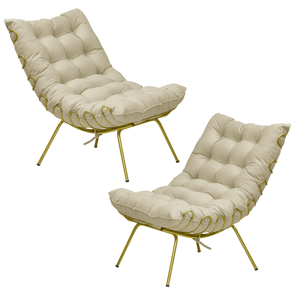 Kit 2 Poltronas Decorativas Sala de Estar Abel Base de Ferro Dourada Veludo Bege G41 - Gran Belo