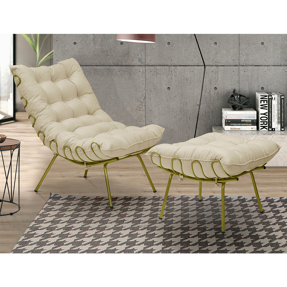 Kit 2 Poltronas Decorativas Sala de Estar Abel Base de Ferro Dourada Veludo Bege G41 - Gran Belo