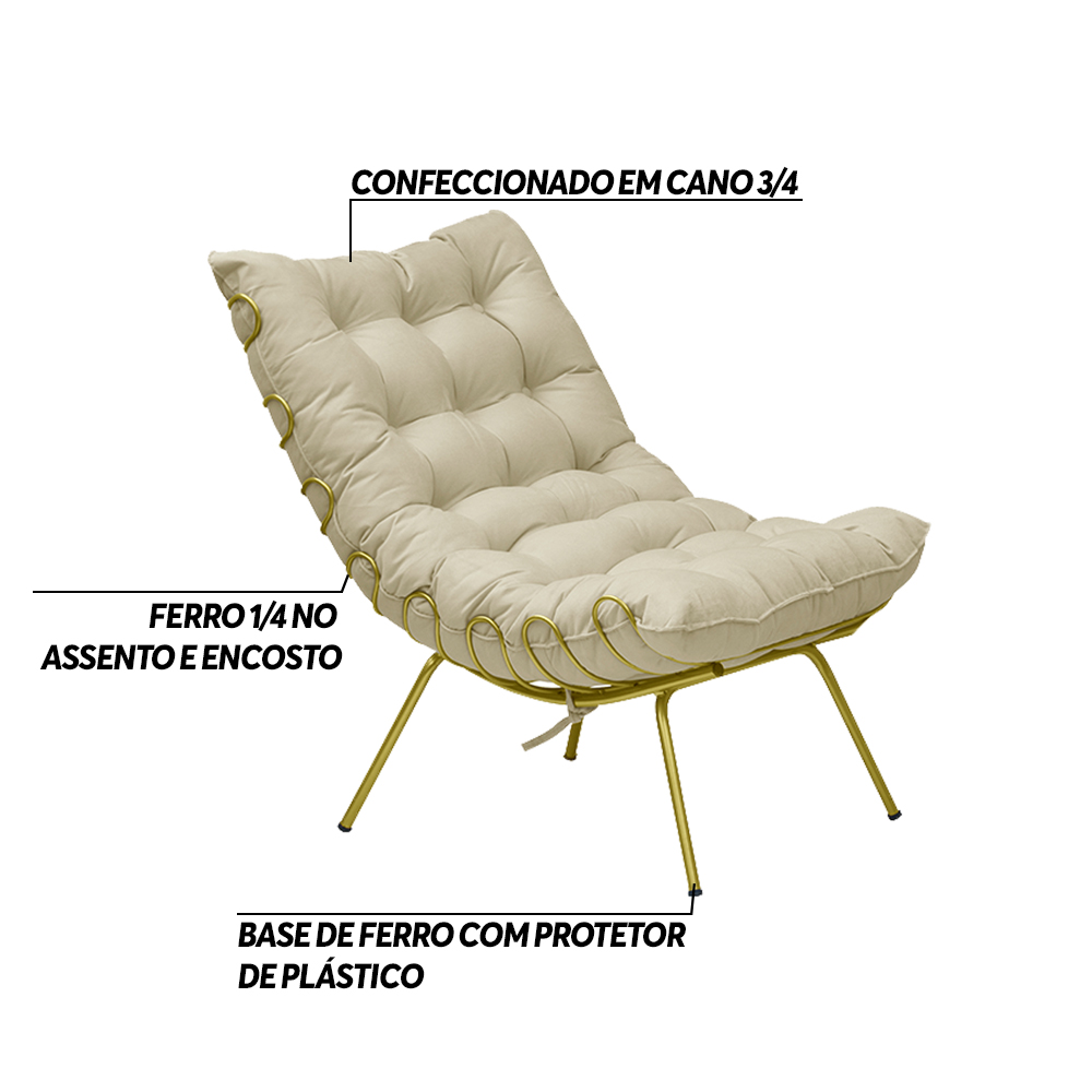 Kit 2 Poltronas Decorativas Sala de Estar Abel Base de Ferro Dourada Veludo Bege G41 - Gran Belo