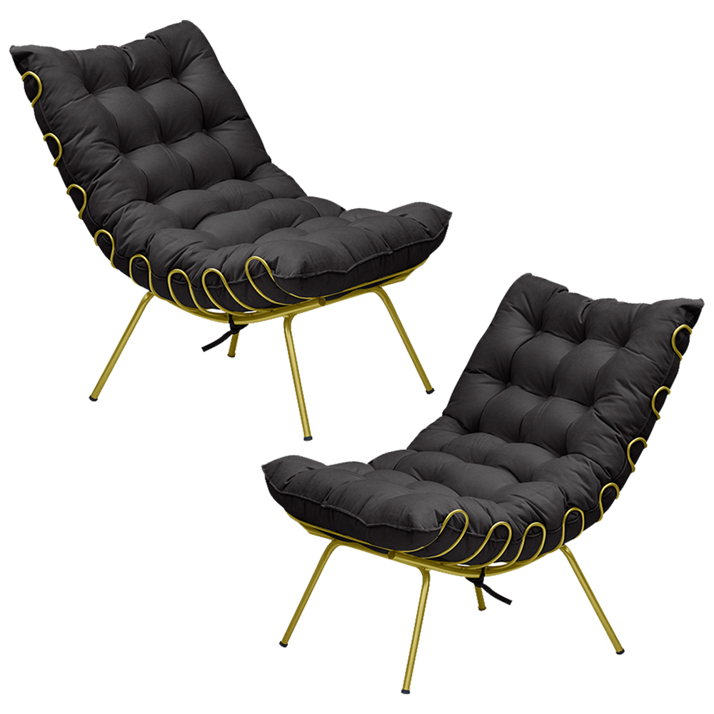 Kit 2 Poltronas Decorativas Sala de Estar Abel Base de Ferro Dourada Veludo Preto G41 - Gran Belo