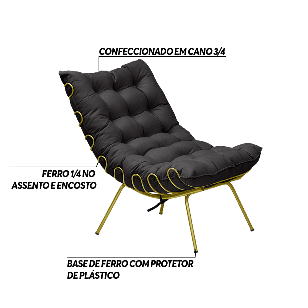 Kit 2 Poltronas Decorativas Sala de Estar Abel Base de Ferro Dourada Veludo Preto G41 - Gran Belo