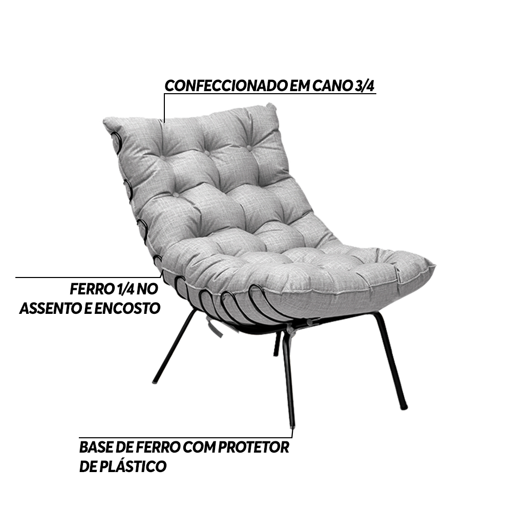 Kit 2 Poltronas Decorativas Sala de Estar Abel Base de Ferro Preto Linho Cinza G41 - Gran Belo