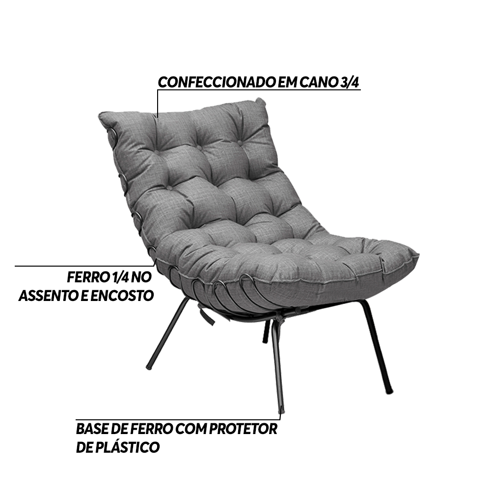 Kit 2 Poltronas Decorativas Sala de Estar Abel Base de Ferro Preto Linho Grafite G41 - Gran Belo
