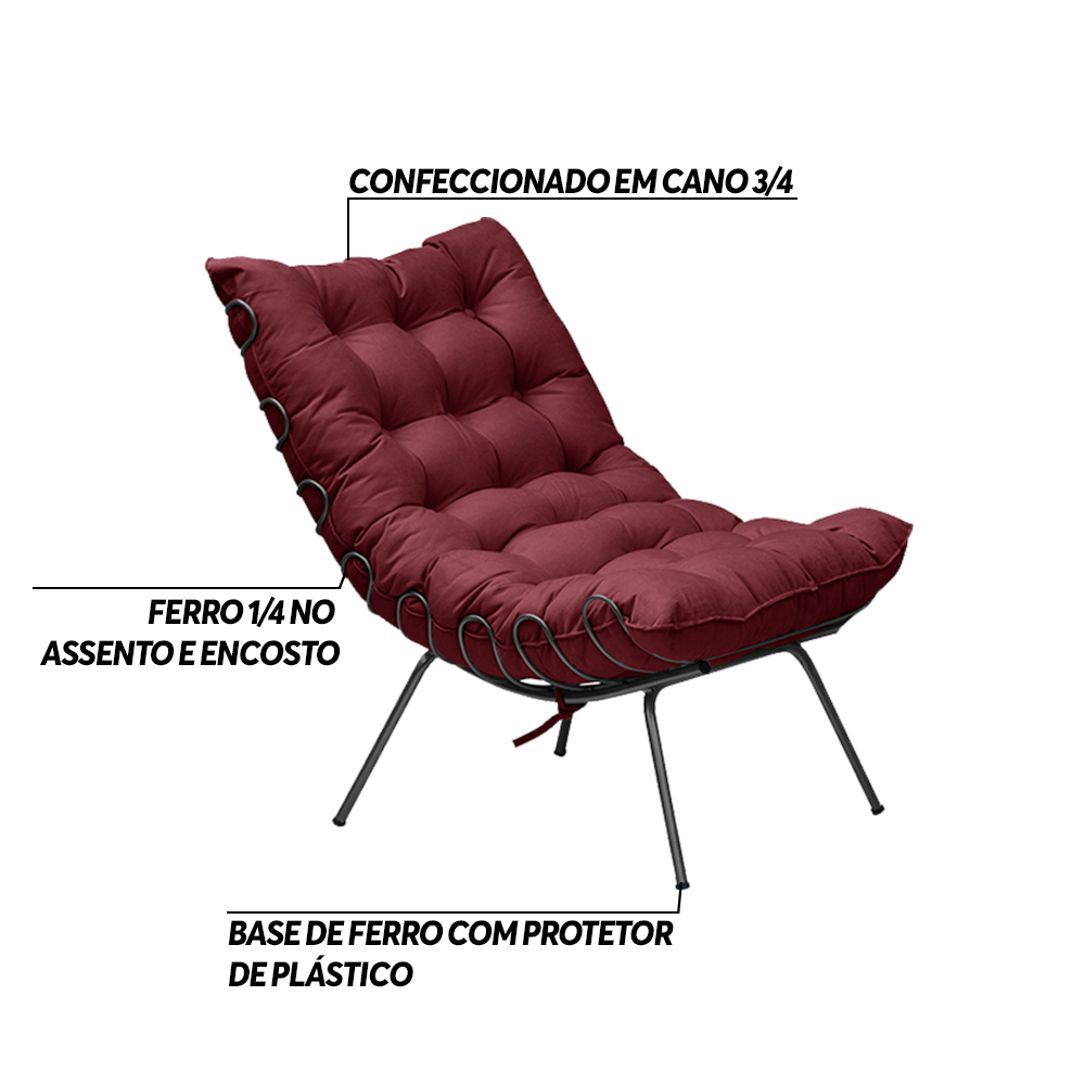 Kit 2 Poltronas Decorativas Sala de Estar Abel Base de Ferro Preto Suede Bordô G41 - Gran Belo