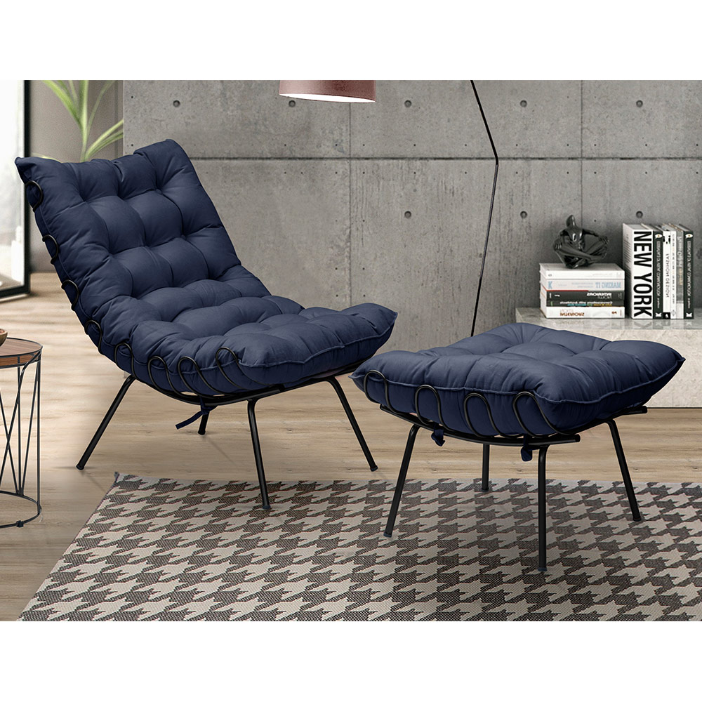 Kit 2 Poltronas Decorativas Sala de Estar Abel Base de Ferro Preto Veludo Azul G41 - Gran Belo