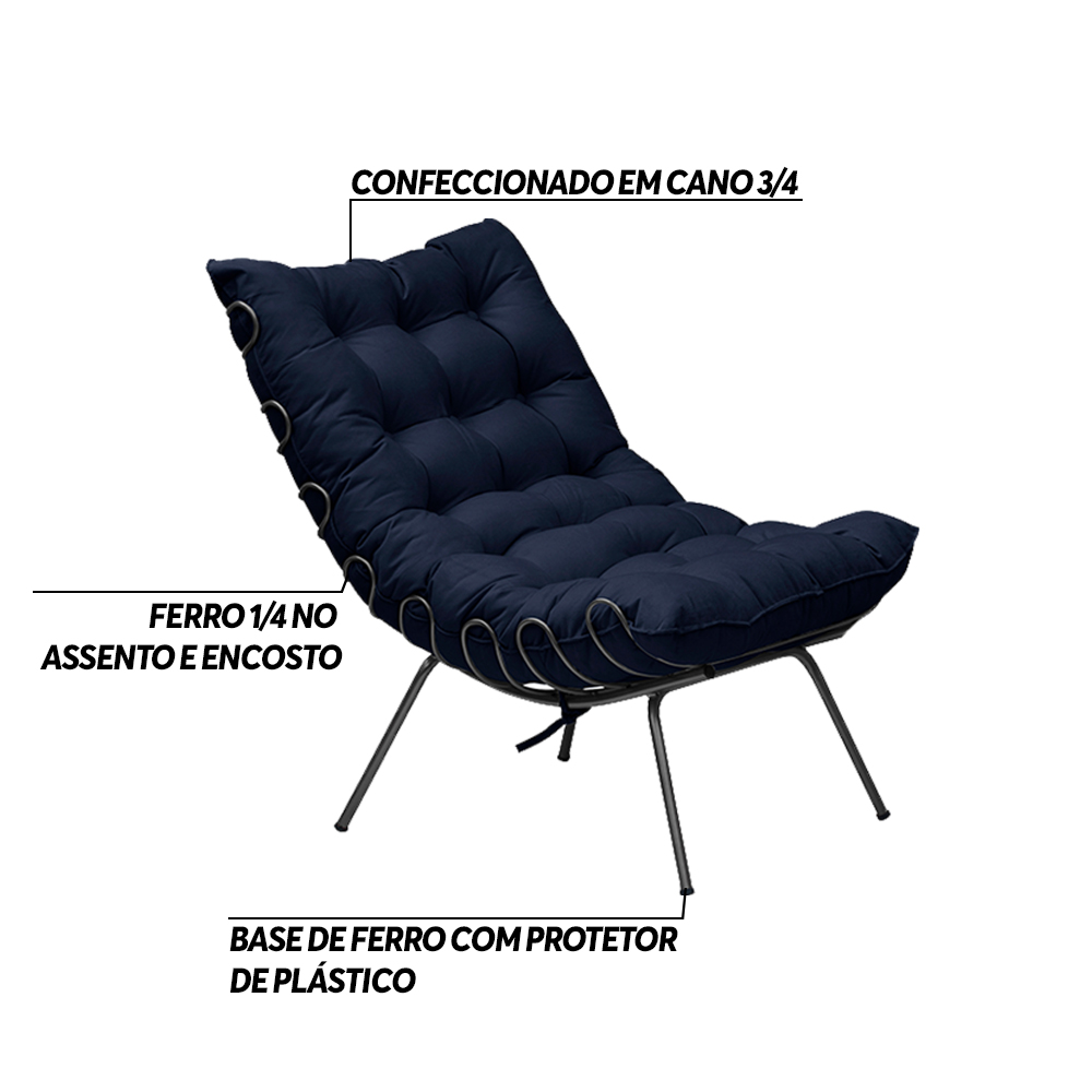 Kit 2 Poltronas Decorativas Sala de Estar Abel Base de Ferro Preto Veludo Azul G41 - Gran Belo
