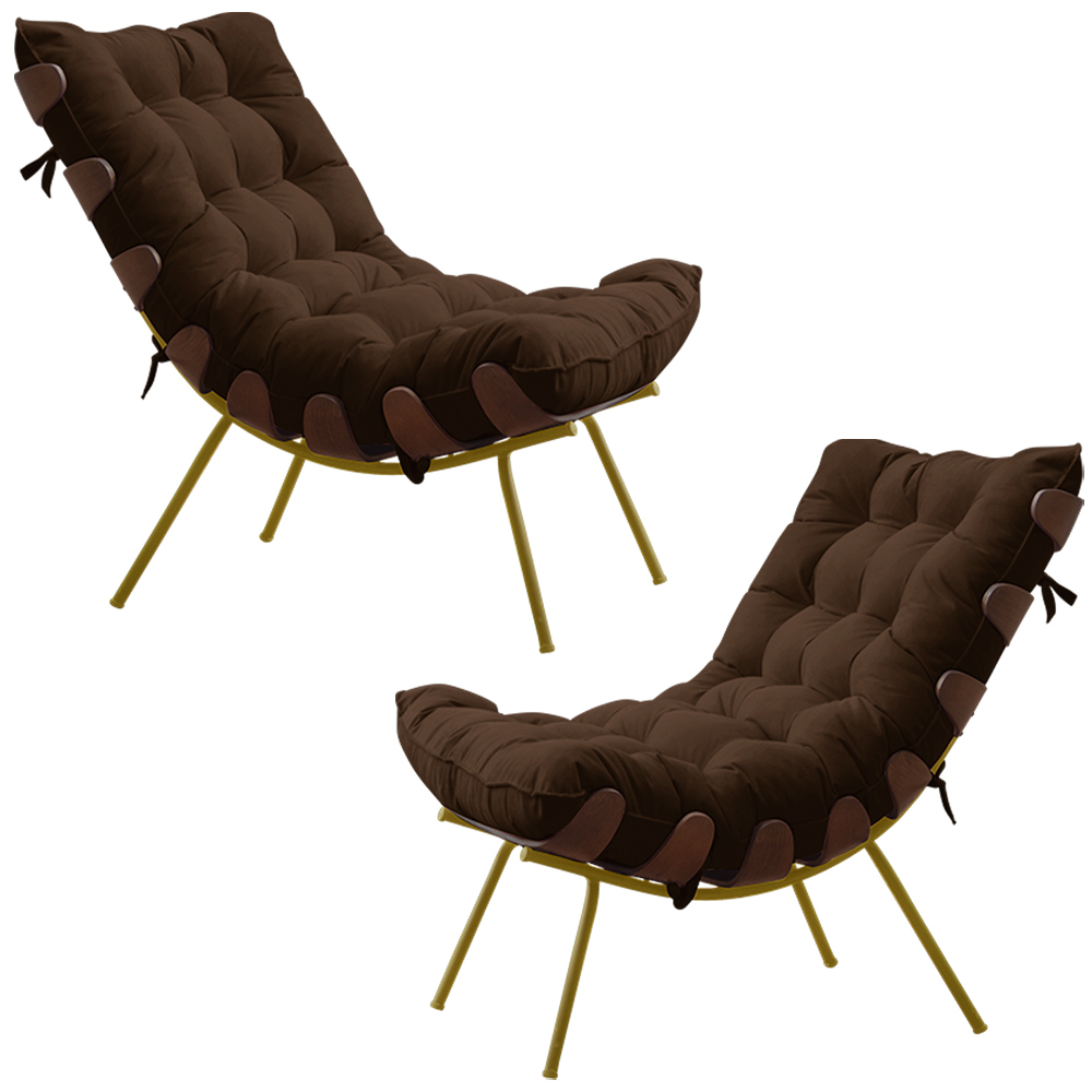 Kit 2 Poltronas Decorativas Sala de Estar Abel Base de Madeira Dourada Suede Marrom - Gran Belo