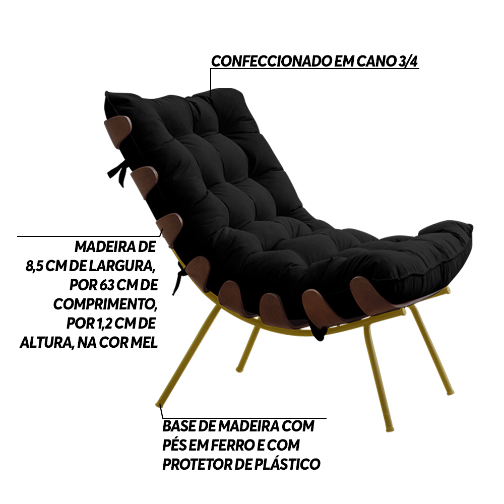 Kit 2 Poltronas Decorativas Sala de Estar Abel Base de Madeira Dourada Veludo Preto G41 - Gran Belo