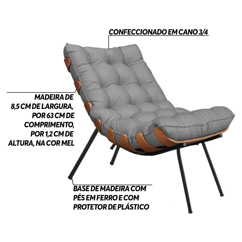 Kit 2 Poltronas Decorativas Sala de Estar Abel Base de Madeira Preto Linho Cinza G41 - Gran Belo