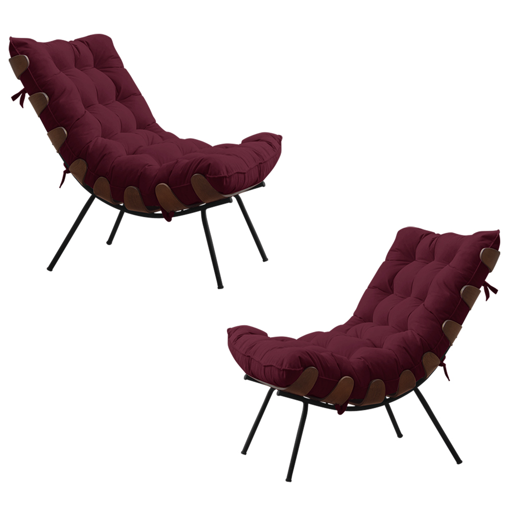 Kit 2 Poltronas Decorativas Sala de Estar Abel Base de Madeira Preto Suede Bordô G41 - Gran Belo