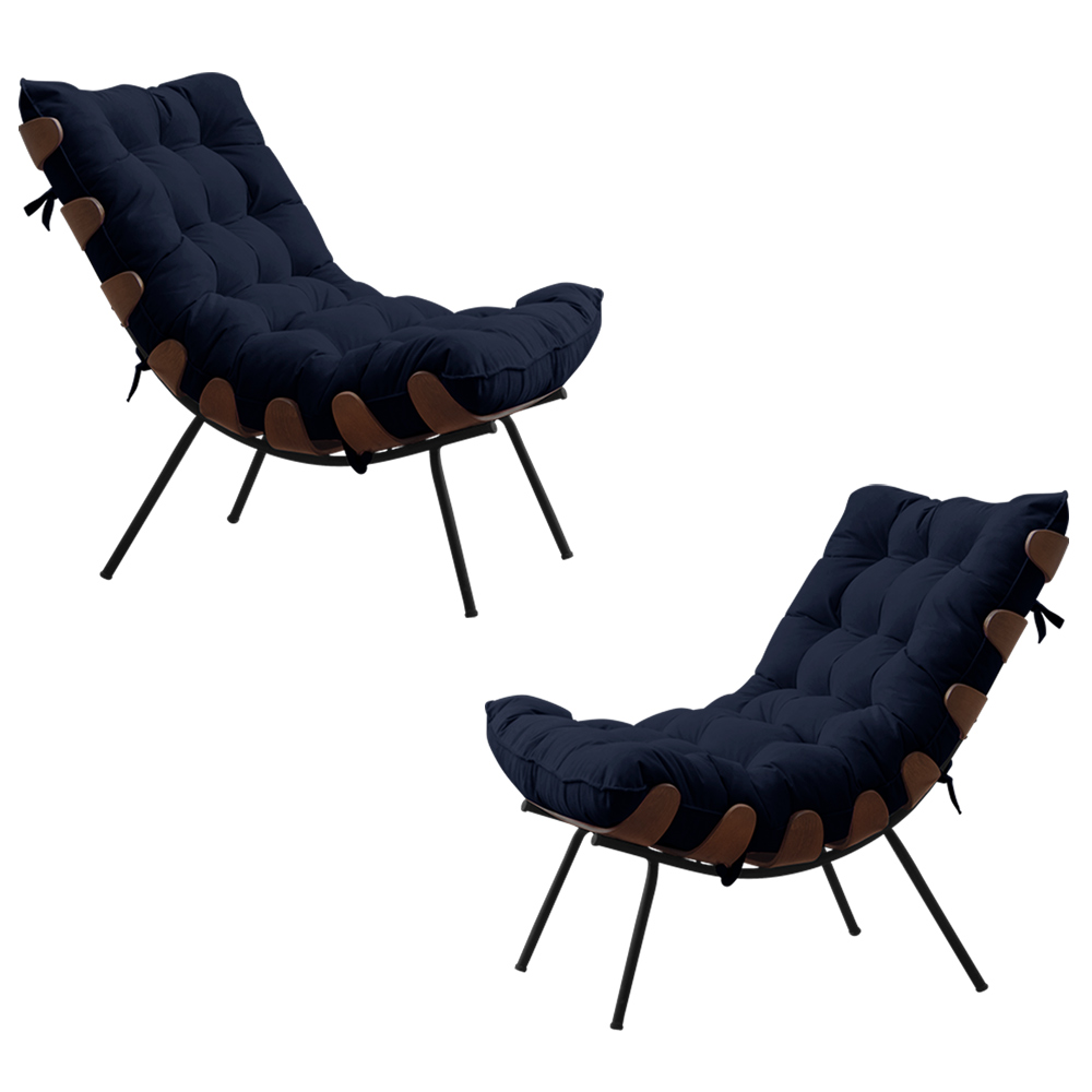 Kit 2 Poltronas Decorativas Sala de Estar Abel Base de Madeira Preto Veludo Azul G41 - Gran Belo