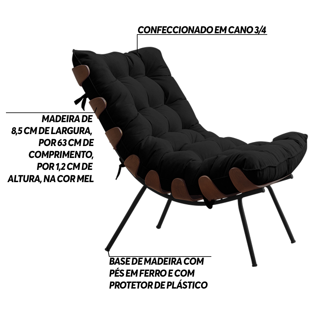 Kit 2 Poltronas Decorativas Sala de Estar Abel Base de Madeira Preto Veludo Preto G41 - Gran Belo