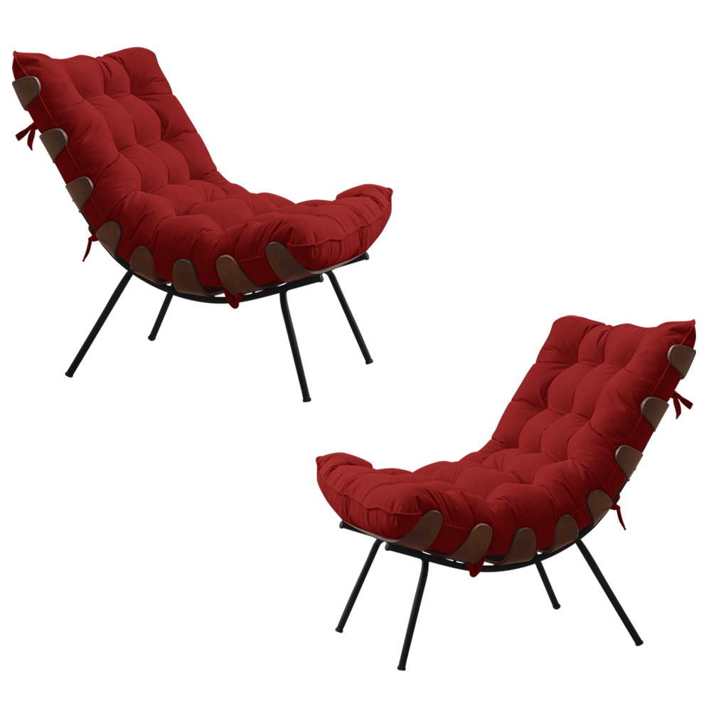 Kit 2 Poltronas Decorativas Sala de Estar Abel Base de Madeira Preto Veludo Vermelho G41 - Gran Belo