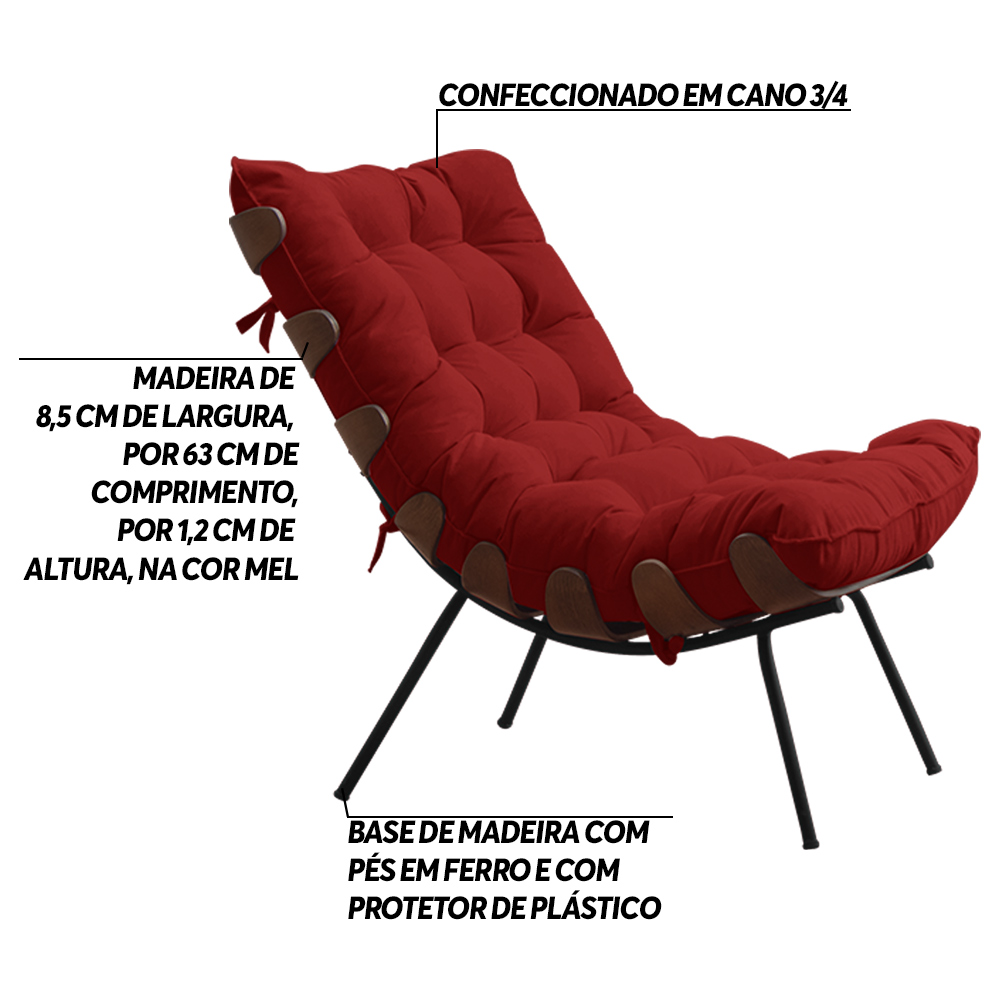 Kit 2 Poltronas Decorativas Sala de Estar Abel Base de Madeira Preto Veludo Vermelho G41 - Gran Belo