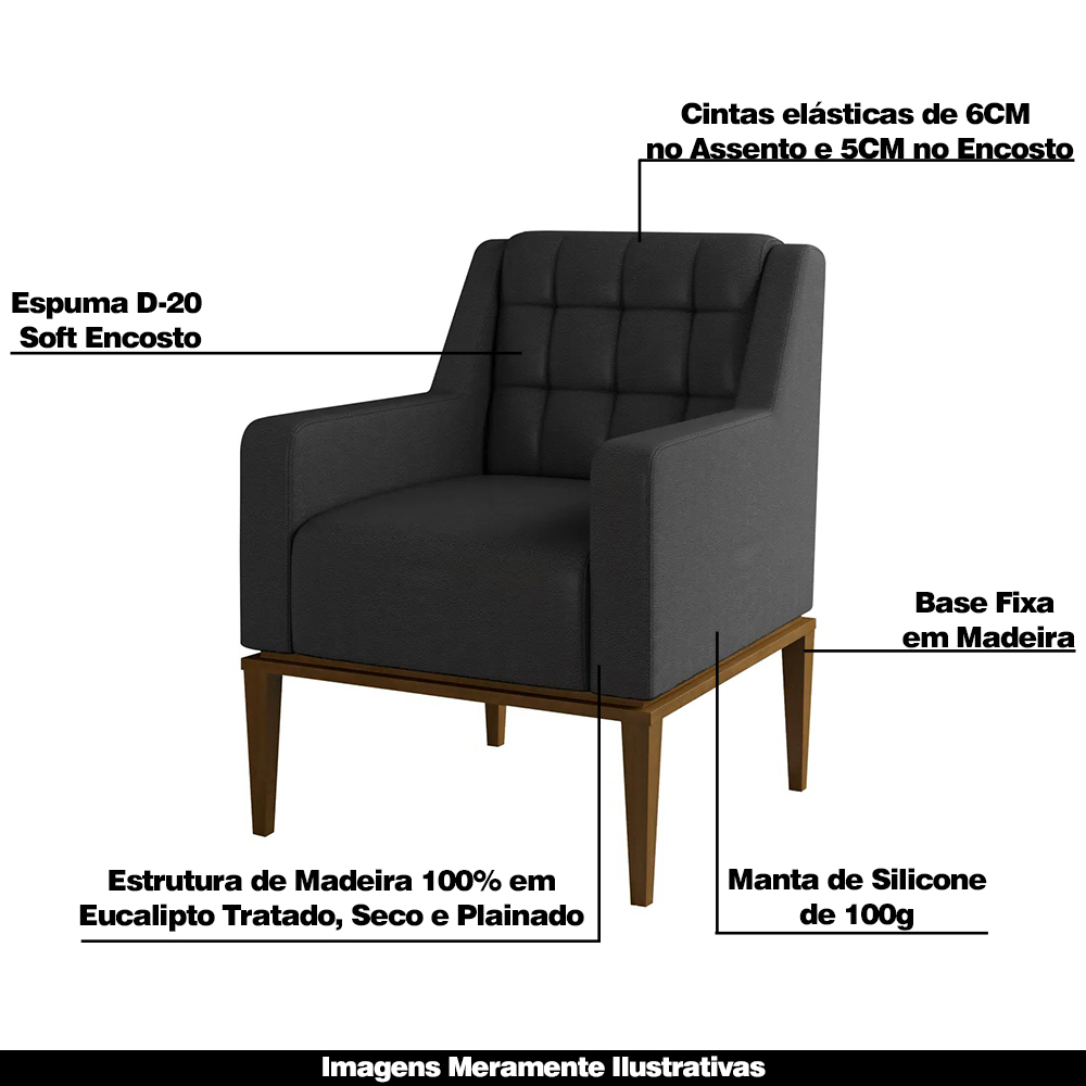 Kit 2 Poltronas Decorativas Sala de Estar Base Madeira Madonna PU Preto G52 - Gran Belo