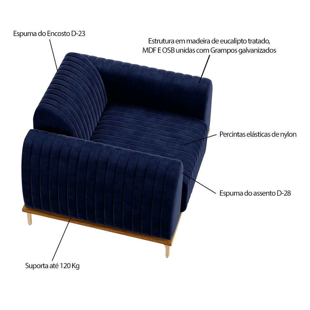 Kit 2 Poltronas Decorativas Sala de Estar Base de Madeira Euro Veludo Azul Marinho G15 - Gran Belo