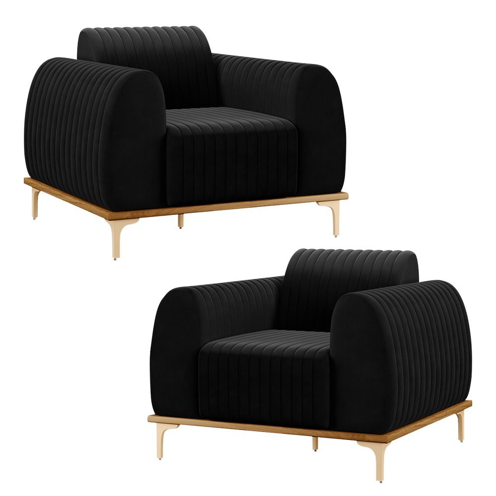Kit 2 Poltronas Decorativas Sala de Estar Base de Madeira Euro Veludo Preto G15 - Gran Belo