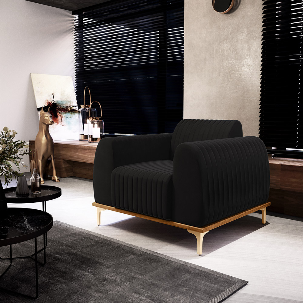 Kit 2 Poltronas Decorativas Sala de Estar Base de Madeira Euro Veludo Preto G15 - Gran Belo