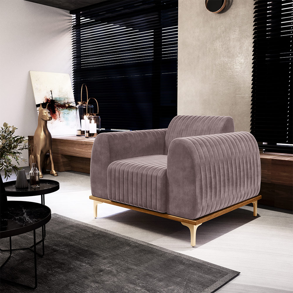 Kit 2 Poltronas Decorativas Sala de Estar Base de Madeira Euro Veludo Rosê G15 - Gran Belo