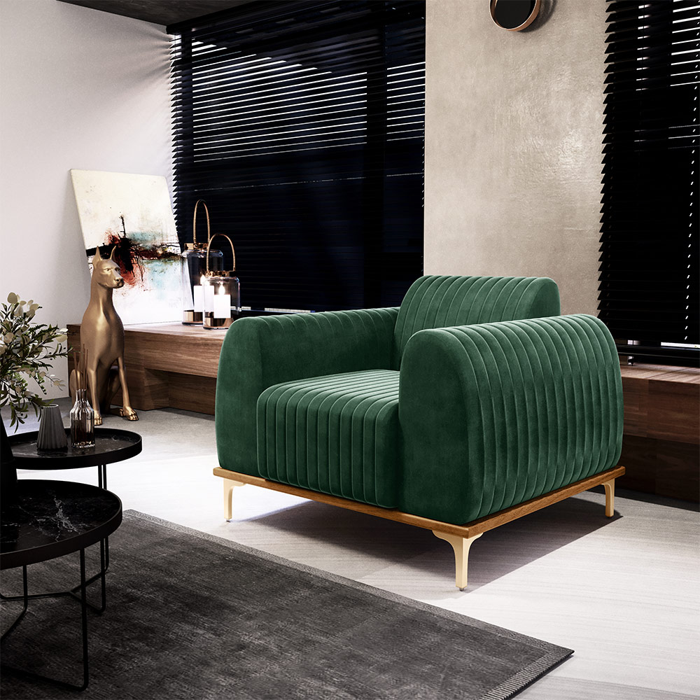Kit 2 Poltronas Decorativas Sala de Estar Base de Madeira Euro Veludo Verde G15 - Gran Belo